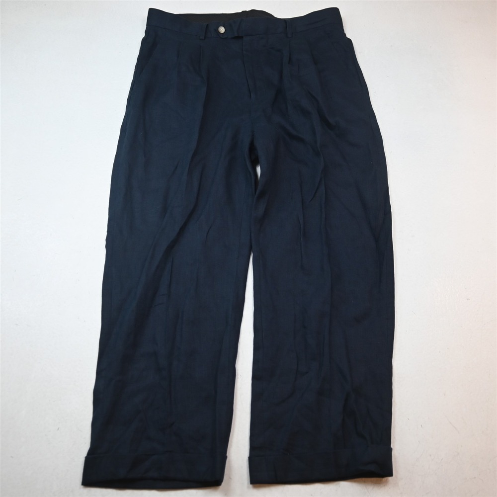 Paul Fredrick 33x28 Navy Blue 100% Linen Pleated Cuffed Classic Dress Mens Pants